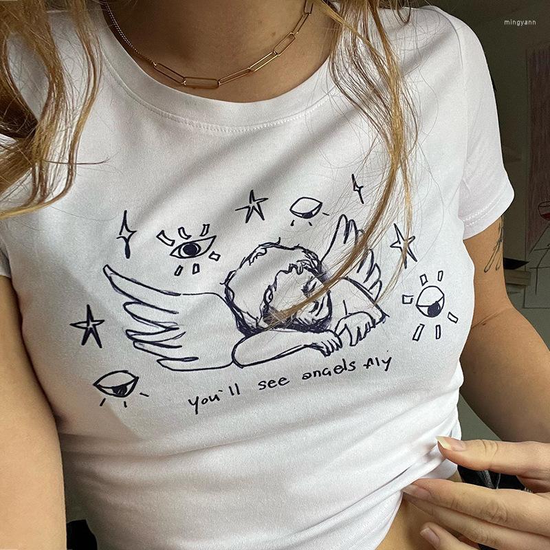 

Women' T Shirts 2023 Summer Cartoon Print Women Crop Tops Short Sleeve Vintage Feamale Cute Korea Streetwear Aesthetic, White