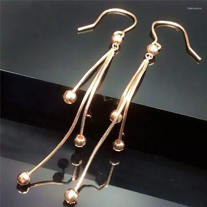 

Dangle Earrings 585 Purple Gold Plated 14K Rose Shiny Soft Chain Tassel Bead For Women Elegant Fashion Party Jewelry Gift