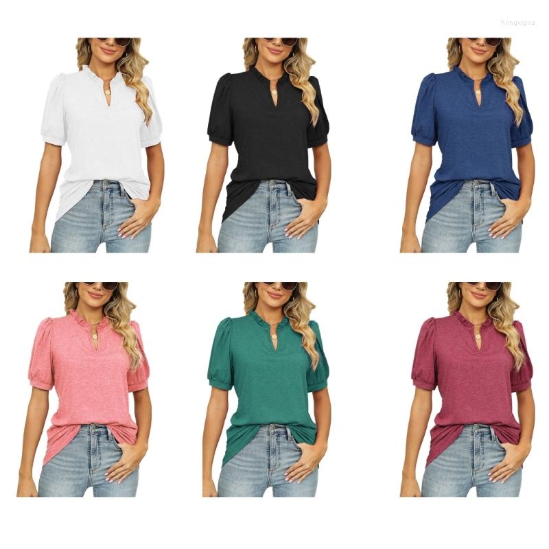 

Women's T Shirts Women Summer Casual Puff Short Sleeve Loose Fit T-Shirt Ruffle Trim V-Neck Plain Solid Color Pullover Blouses Tunic Top, Pink