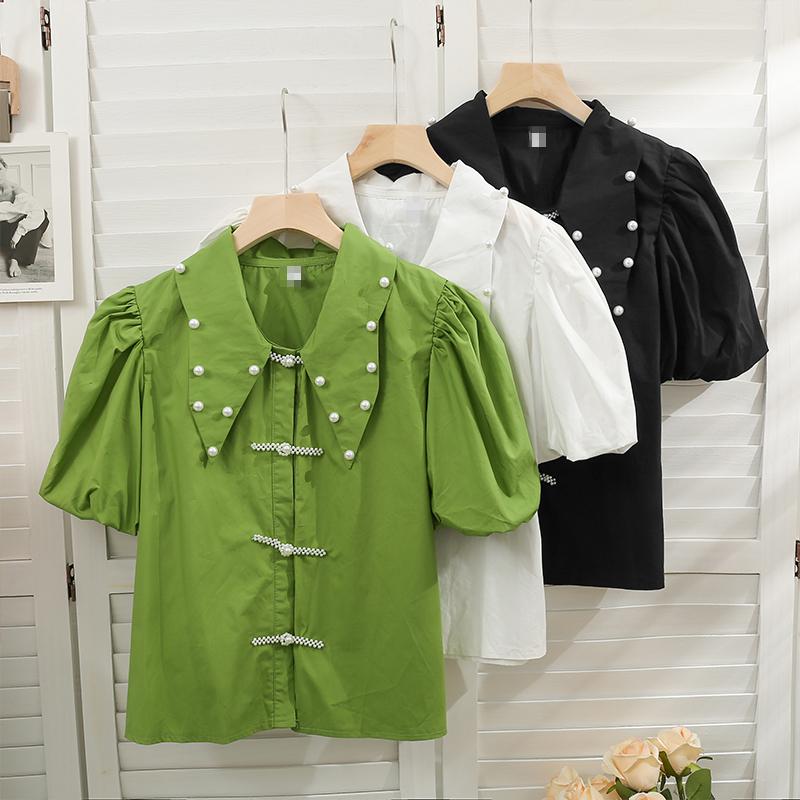 

Women's Blouses & Shirts Chic Disc Button Blusas Mujer Fashion Tide Beading Patchwork Turn Down Collar Tops Summer Puff Sleeve Blouse WomenW, Green