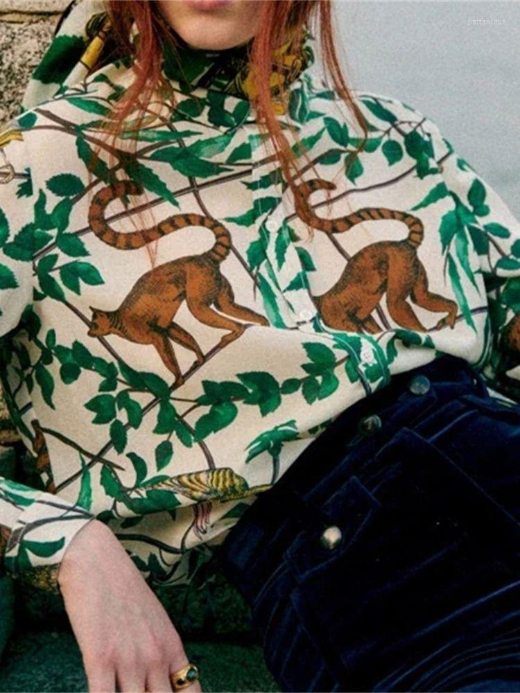 

Women' Blouses Women' Fresh Jungle Print Shirt Animal Turn-down Collar Long Sleeve Loose Single Breasted Ladies Blouse 2023 Spring