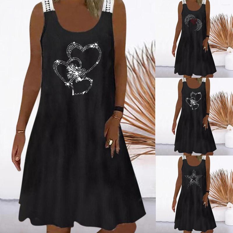 

Casual Dresses Women O Neck Heart And Printing Bright Diamond Vest Dress Lace Sleeveless Swing Sundress Halter Summer Frame, Black