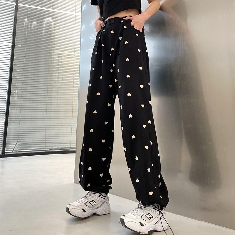 

Women' Pants & Capris Spring And Summer Harajuku Style Love Heart Printed Straight Trousers, Black