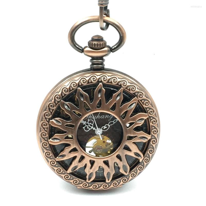 

Pocket Watches Copper Tone Sun Flower Pendant Carved Men Mechanical Watch With Chain Skeleton Steampunk Hand Wind Half Gift, Picture shown