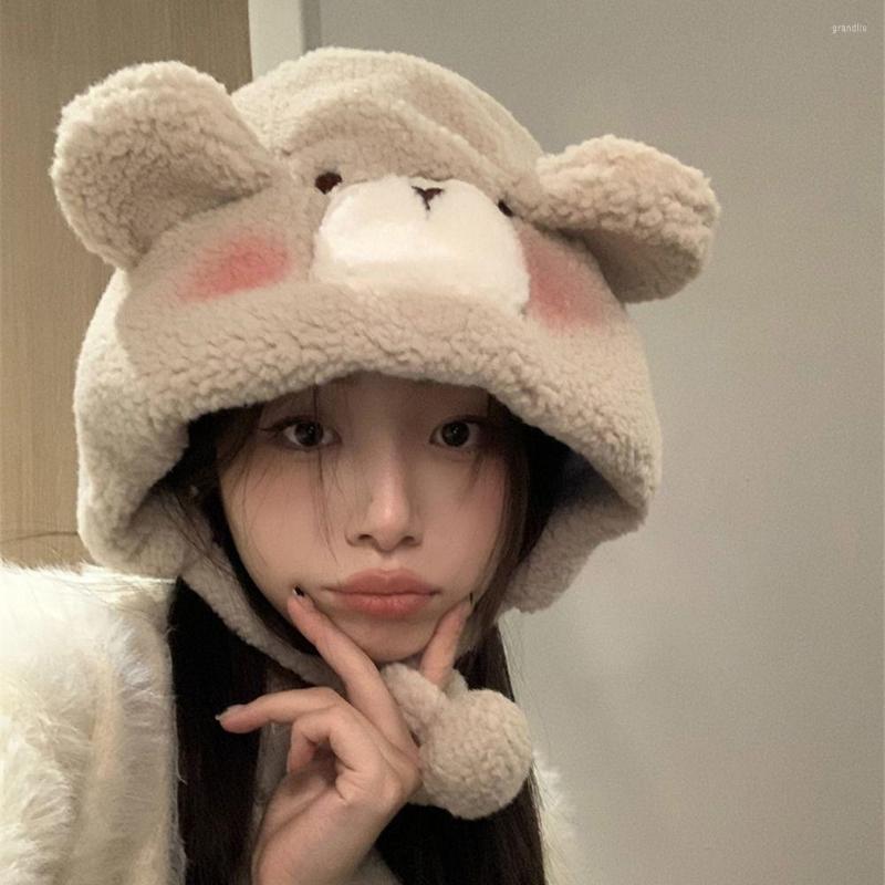 

Berets Women's Winter Hat Solid Beanies Cute Bear Ears Warm Windproof Cap Earflap Female Girls Lamb Hair Caps 2023, White