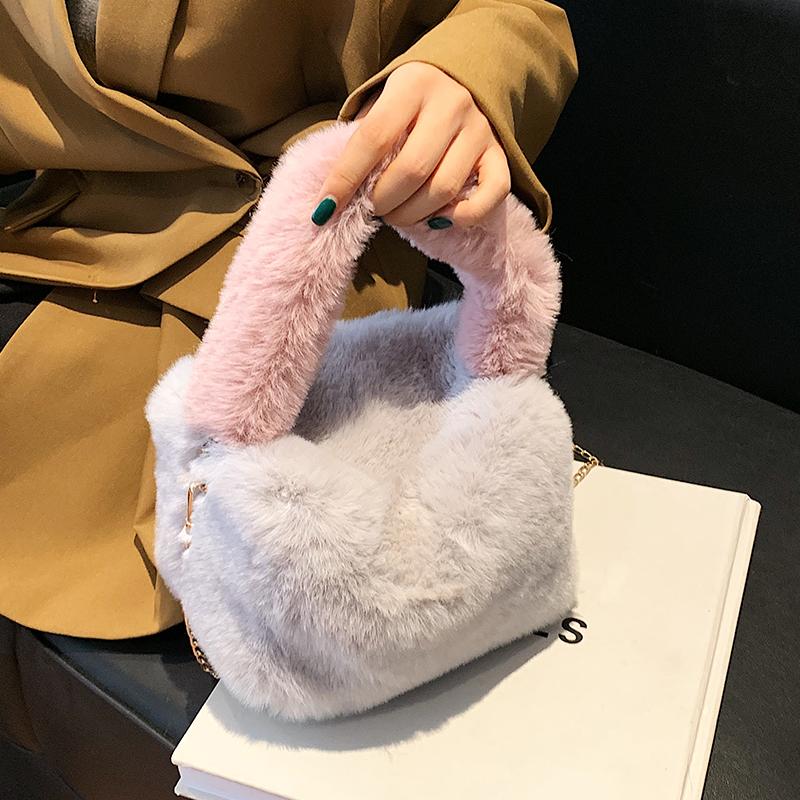 

Evening Bags Plush Square Tote Bag 2023 Winter High-quality Soft Faux Fur Women's Designer Handbag Color Contrast Shoulder Messenger, Beige