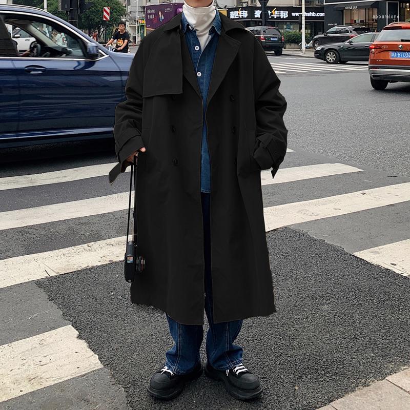 

Men's Trench Coats Double Breasted Coat Men Fashion Casual Oversized Long Streetwear Korean Loose Windbreaker Jacket Mens Overcoat, Black