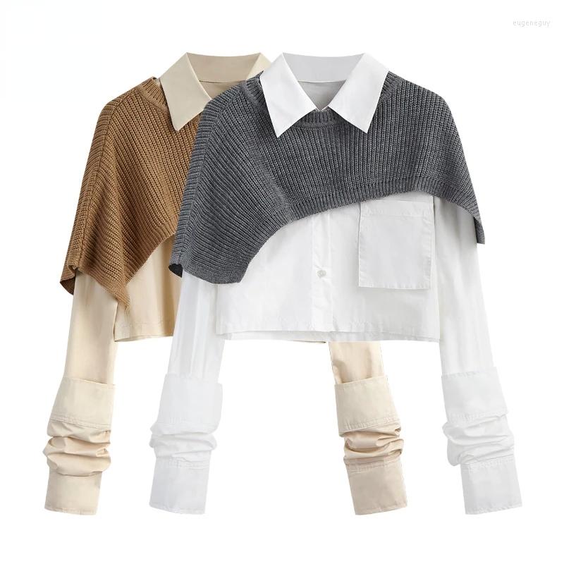 

Women' Blouses Autumn Korean Fashion Women Two Pieces Sets Long Sleeve Short Blouse Shirt Solid Knitted Pullover Crop Shawl Sweater Girl, Gray