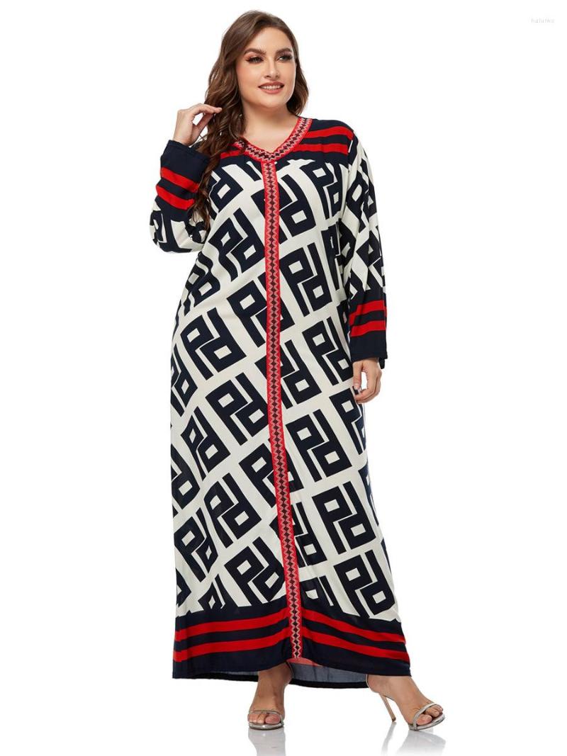 

Ethnic Clothing Plus Size Women's Elegant Webbing Stitching Long Sleeve Print Dress Skirt Europe Middle East Fashion For Women Dubai