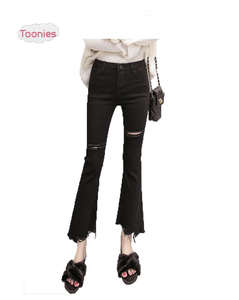 

Women's Jeans 2023 Black Micro Trumpet Trousers Female Irregular Burrs High Waist Jeans.