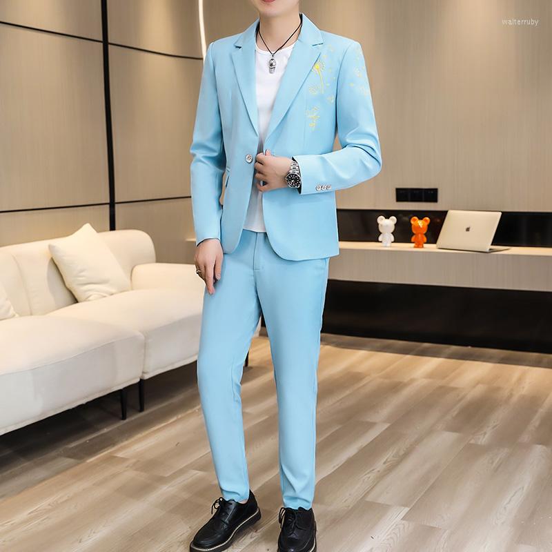 

Men's Suits Light Blue Mens Fashion Social Wedding Party Wear White Green 2 Piece Slim Fit Blazers Pants Set Man Stage Clothes, Black