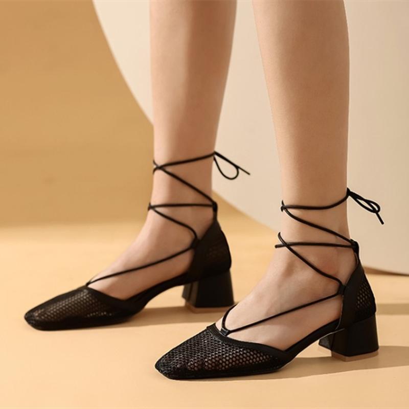 

Dress Shoes Summer Autumn Breathable Mesh Upper Cross Strap Lace Up Women Sandals Comfortable Chunky Heel Big Size 50, Black