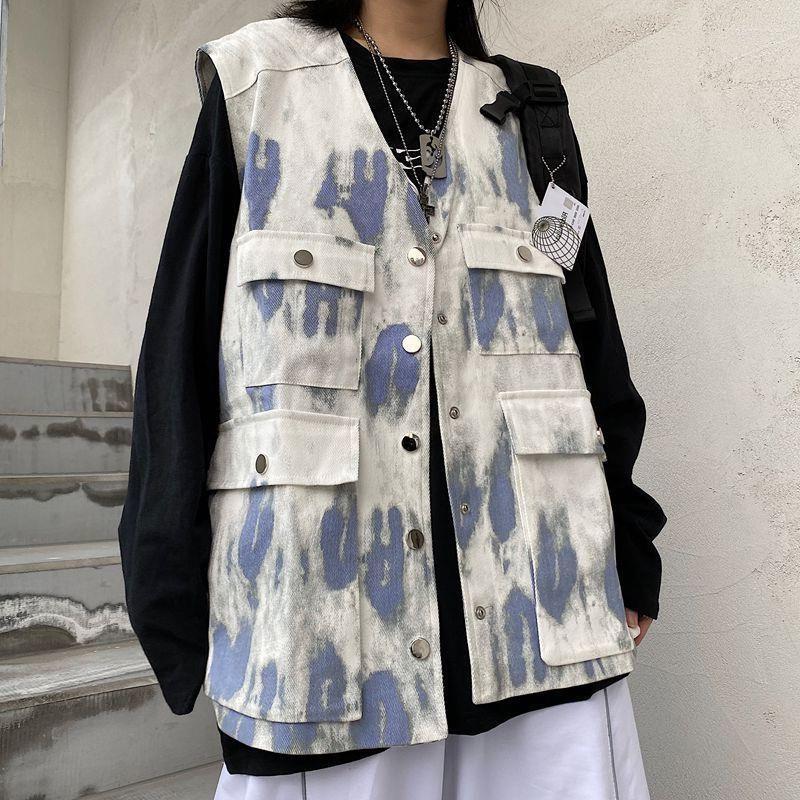 

Women's Vests Techwear Vest Japan Dark High Street Vintage Tie-dye Camouflage Cargo Jacket For Men Women 2023SS Grunge Streetwear Top, Blue