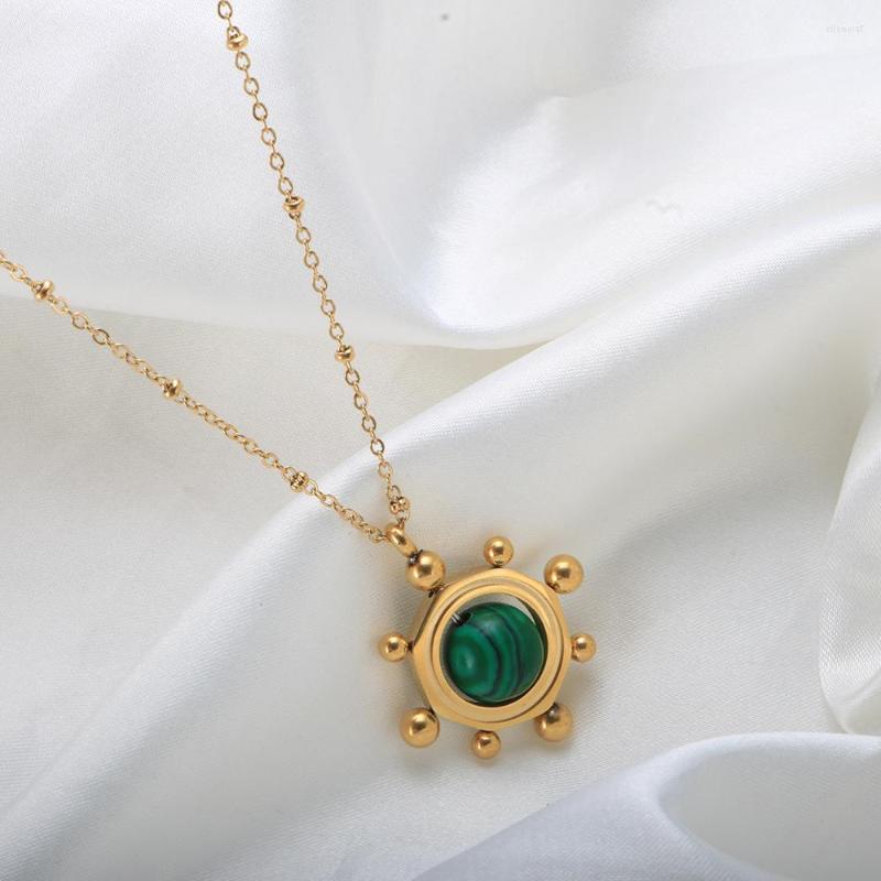 

Chains Stainless Steel Rotatable Malachite Pendant Necklace Gold Plate PVD Charm Chain