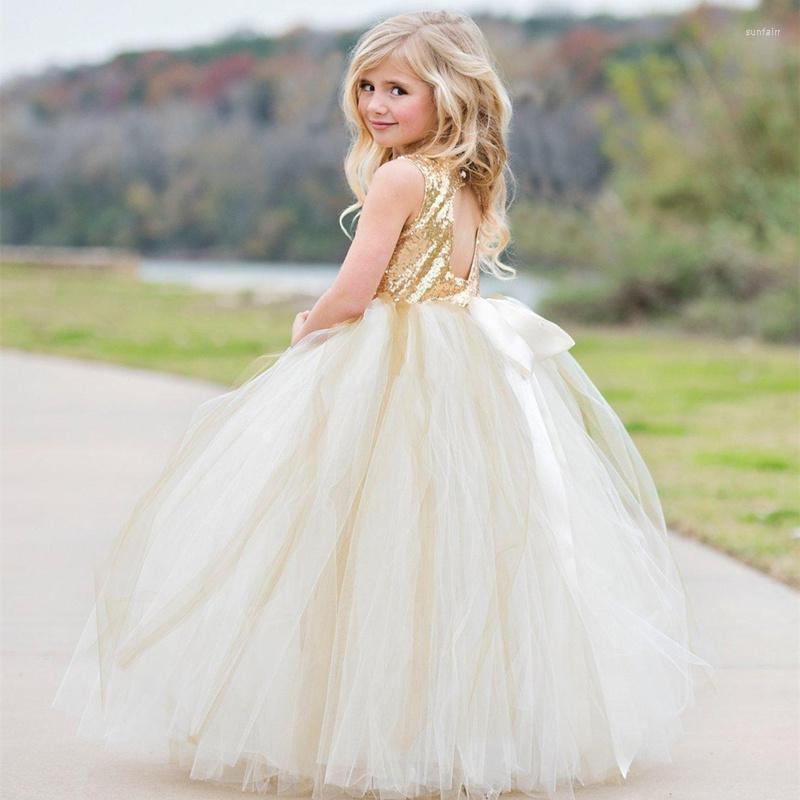 

Girl Dresses Flower Dress Gold Sequins White Floor Length Sleeveless Bow Backless Party Holy Communion Fluffy, Black
