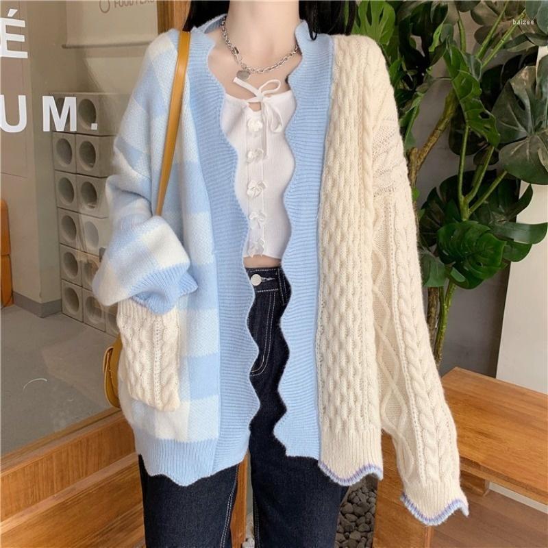 

Women's Knits Knitted Sweater Cardigan V-neck Long Sleeve Korean Style Splicing Fashion All-match SimpleCasual Cardigans Clothes, Wave short blue