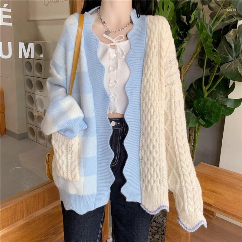 

Women's Knits Knitted Sweater Cardigan V-neck Long Sleeve Korean Style Splicing Fashion All-match SimpleCasual Cardigans Clothes, Wave short blue