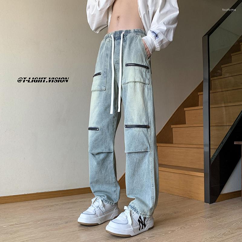 

Men's Jeans High Street Fashion Solid Elastic Waist Drawstring Men Youth Zipper Decoration Straight Loose Wide Leg Long Pants, Black