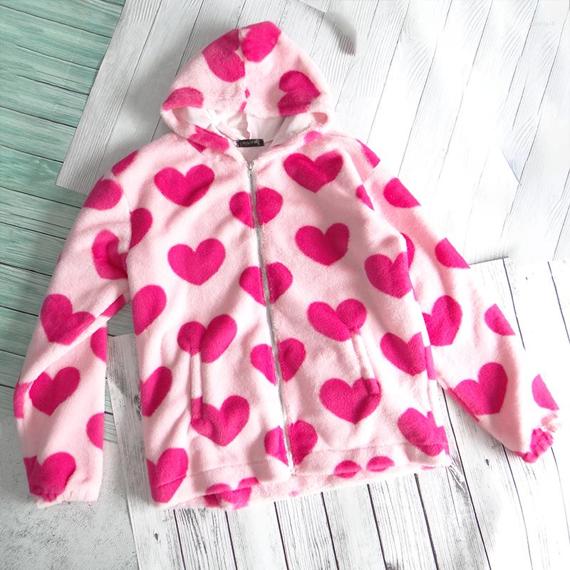 

Women' Jackets Harajuku Heart-shaped Full Print Plush Jacket Women Winter 2023 Korean Oversize Long Sleeve Zipper Hooded Cotton Thick Warm, Pink