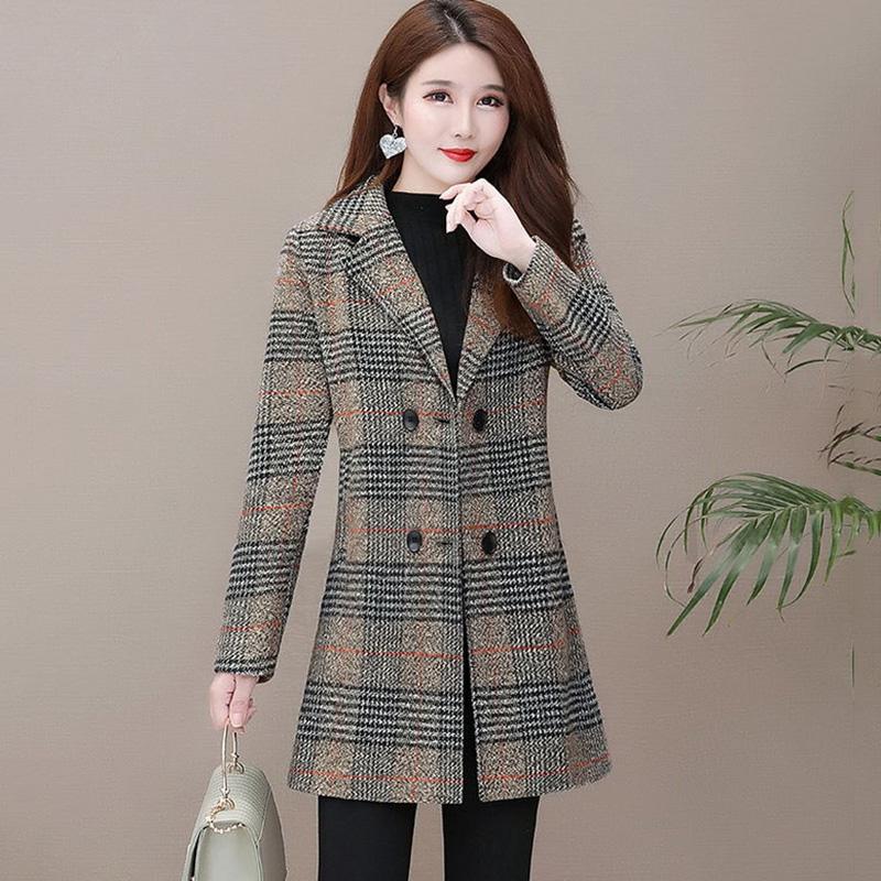 

Women's Wool Autumn Winter Warm Woolen Coat Female Lattice Overcoats Plus Size Outerwear Casual Blazer Abrigo Mujer 5XL & Blends, Gray
