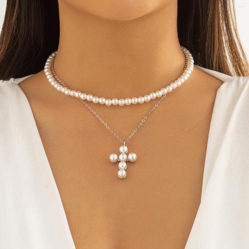

Choker Women's Necklace Jewelry Retro Style Beaded Spice Girl Cross Simple Versatile Imitation Pearl Collar Chain