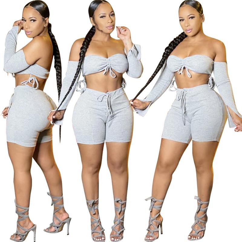 

Women' Tracksuits 2023 Summer Solid Color Women Set Full Sleeve Sexy Skinny Club 2 Pieces Outfits Female, Gray