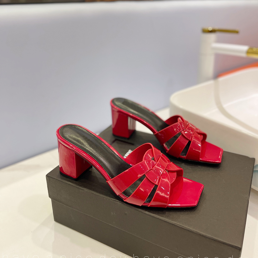 

Women's thick medium heeled slippers Leather outsole mules Genuine leather woven open toe sandals Luxury Designers high heels factory footwear With box, Red