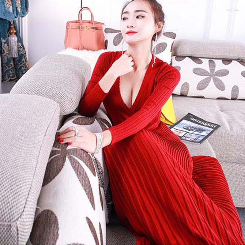 

Casual Dresses Lady Cross V Neck Pleat Lace-up Waist Mujer Tunic Big Flare Hem Vestidos Women Knit Fabic Vintage Long Dress 2023 Autumn, Black