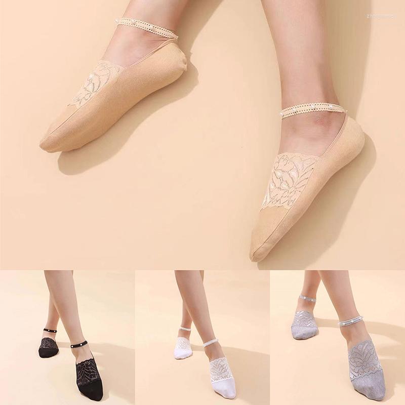 

Women Socks Lace Invisible Spring Summer Deep Mouth Pearl Anklet Cotton Thin Can Not Fall Off Boat, Grey