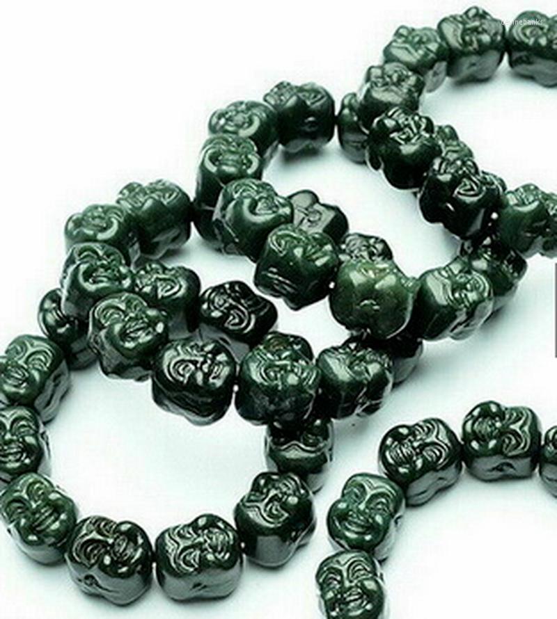 

Strand Natural Certified Dark Green Hetian Jade Jadeite Happy Buddha Head Bead Bracelet