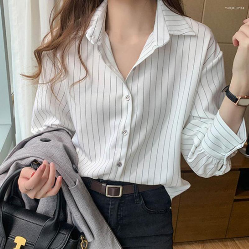

Women' Blouses Women Blouse Stripe Pattern Button Closure Turn-down Collar Loose-Fitting Office Ladies Shirt Tops Clothing For Female, Dark blue
