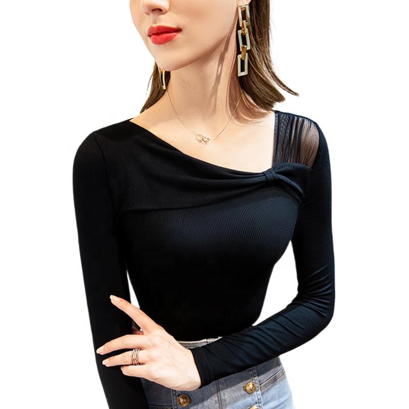 

Women' T Shirts Inclined Collar Stitching Hollow Long-sleeved Western-style Bottoming Shirt With A Low-neck Wrapped Sexy TopWomen, White