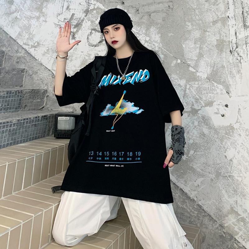 

Women' T Shirts Summer Trendy Pattern Printing Short-Sleeved Vintage High Street Hip-Hop Style Loose Men' And Women' Tops, Black