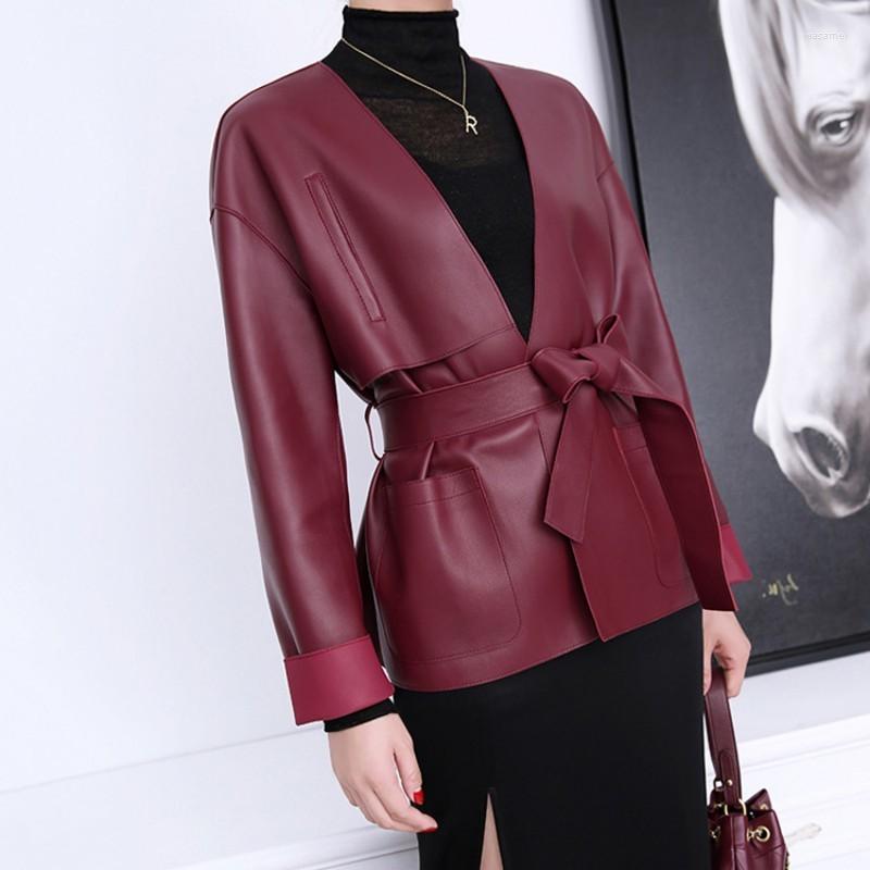 

Women's Leather 2023 Autumn Office Ladies Elegant Deep V-Neck Genuine Jacket Women Kimono Cardigan Sashes Wine Red Black Sheepskin