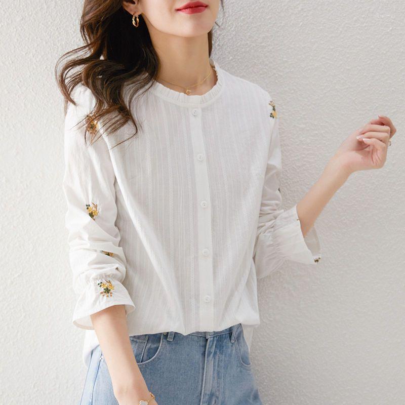 

Women's Blouses Women Ladies Casual Cotton Tops Spring Autumn O Neck Flowers Long Sleeve Blouse Single Breasted 2023 Shirt Clothing R13, Creamy-white