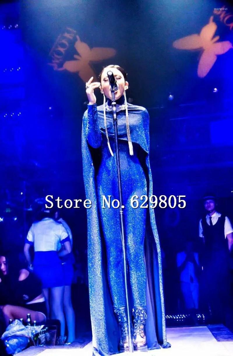

Stage Wear Sexy Women Cloak Two Pieces Clothing Set Dance Outfit Bright Shining Performance Party Singer Show, Blue