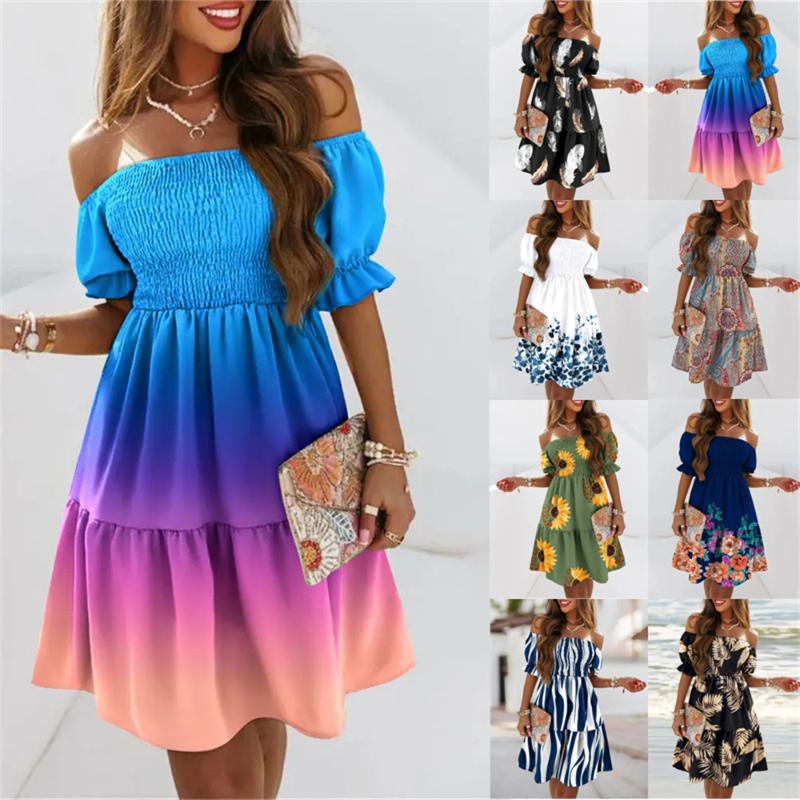 

Casual Dresses Women' Lantern Short-Sleeved One-Word Neck Strapless Backless Midi Skirt Summer Ladies Waist Pleated Print Stitching Dre, 5006 2