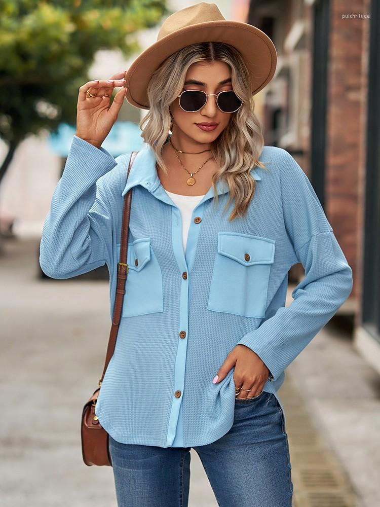 

Women' Blouses Autumn Waffle Blouse Women 2023 Fashion Pocket Turn-down Collar Long Sleeve Streetwear Loose Tops Lady Oversize Casual, White