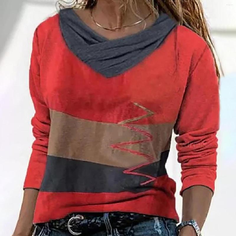 

Women' T Shirts Women Fashion Scarf Collar Casual Tops Turtleneck Buttons Stitching Stripes Long Sleeve Sweaters Blouse Ladies Elegant, Brown