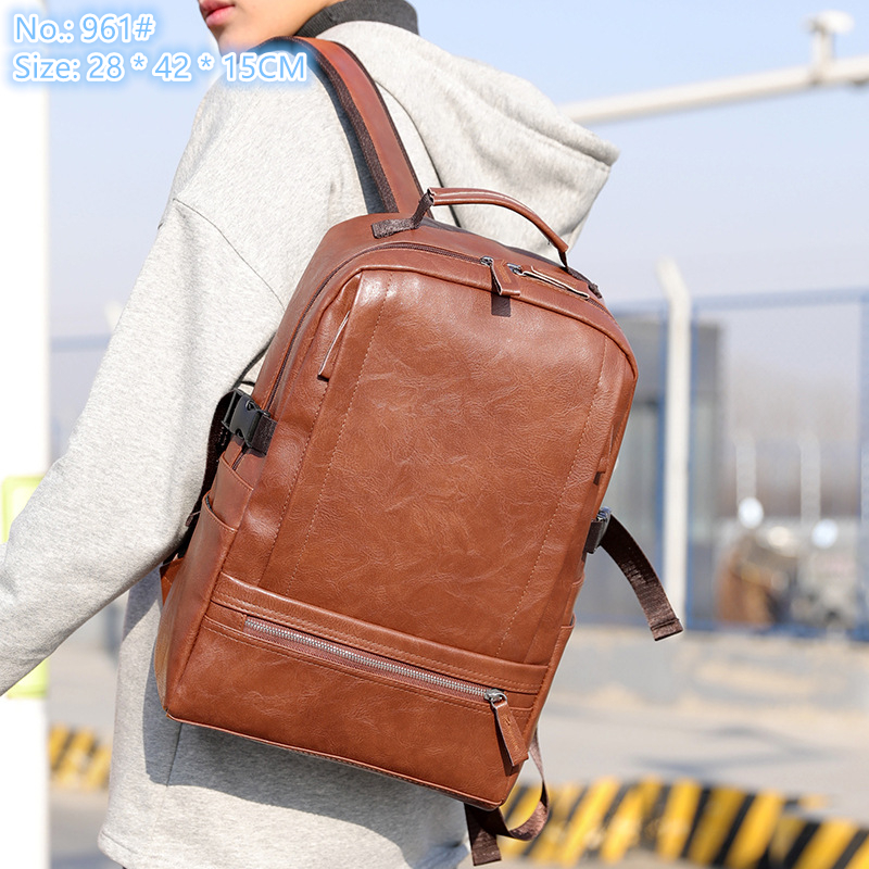 

Factory wholesale men shoulder bag 3 colors large outdoor leisure backpacks simple Joker solid color leather backpack zipper decorative fashion handbag, Coffee-961#