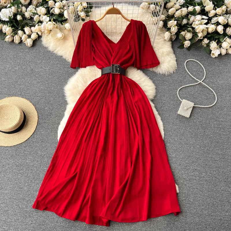 

Women's Blouses & Shirts Clothland Women Pleated Vestido V Neck Belt Sashes Short Sleeve Candy Color One Piece Office Chic Midi Chiffon Vest, Green