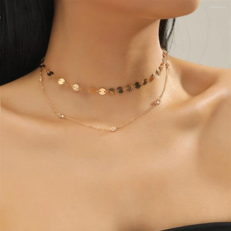 

Pendant Necklaces Vintage Fashion Gold Plated Transparent Crystal Round Sequins Necklace For Women Female Choker Multilevel Party Jewelry