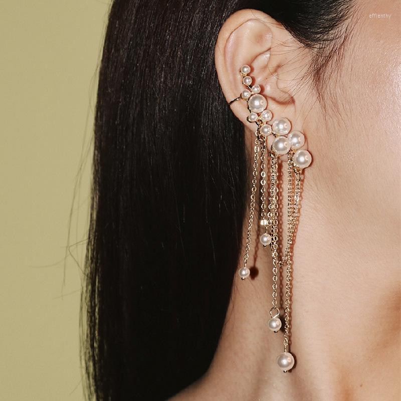 

Backs Earrings Women's Glossy Imitation Pearl Tassel Asymmetric Stud Ear Bone Clip Fashion Chic Hollow Chain Set Jewelry 2023