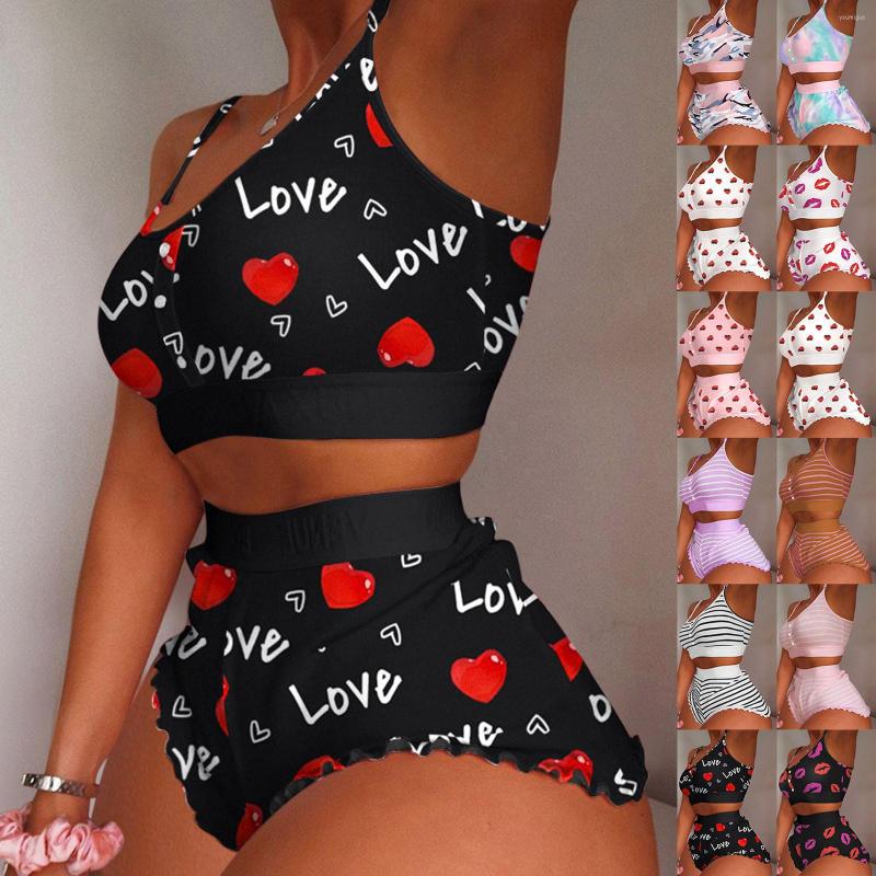 

Women' Sleepwear Sexy Love Print Women Home Suit Vneck Camisole Nightie Shorts Pajama Set Cute Girls Nightwear Valentine' Day Clothes