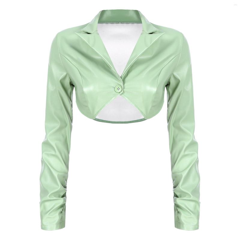 

Women' T Shirts Fashion Womens Patent Leather Cropped Jacket Coat Spring Summer Ruched Long Sleeve Shrug Tops One Button Irregular Hem, Black