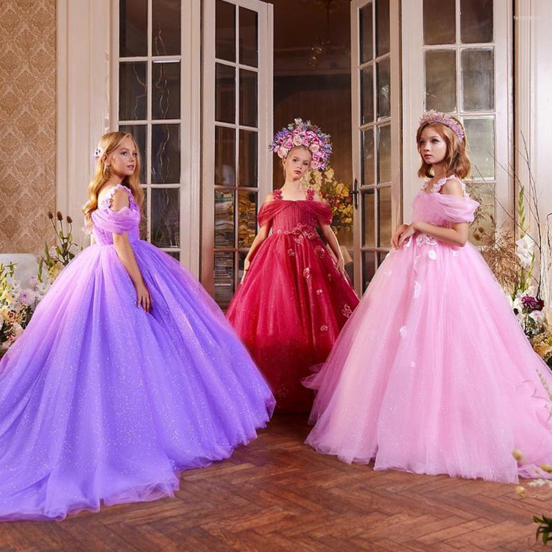 

Girl Dresses Custom Color Glitter Flower Puffy Tulle Dress Wedding Party Gown For Girls Cute First Cummunion, Red