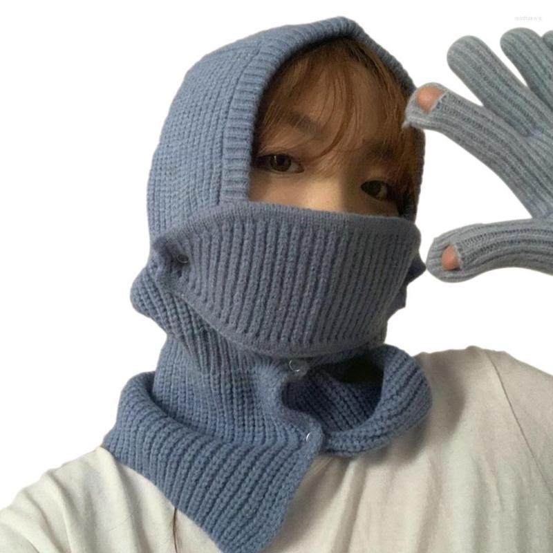 

Berets Korean Hat Pure Color Winter Warm Keeping Neck Protection Onesize Pullover Wool Hooded Cover Hoodie Button Knitted Snap U2L4, White