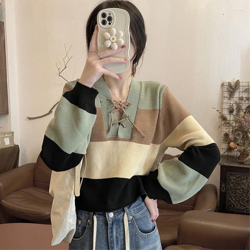 

Women's Sweaters Spring Pullover Harajuku Lace Up Cropped Tops Korean Fashion Color Matching Stripe Knitted Sweater Woman Casual Jumper, 56091 green