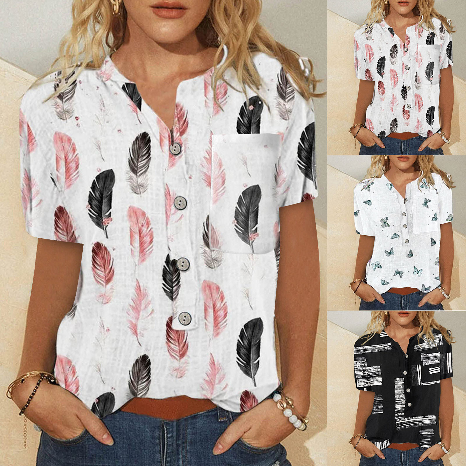 

2023 new European and American print loose shirt, casual leaf model, women' top irregular print, Silver