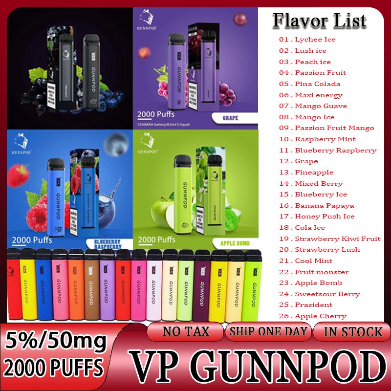 

Original GUNNPOD 2000 Puffs Disposable Vape 1250mAh Battery 5% E Cigarette E-cigarettes Deivce 18350 8ml Vaporizer Starter Kit Prefilled with VP Puff 2000 Vape Pen VS